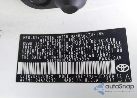 2016 Toyota Corolla S Plus z USA, uszkodzony, nr VIN 5YFBURHE5GP552272